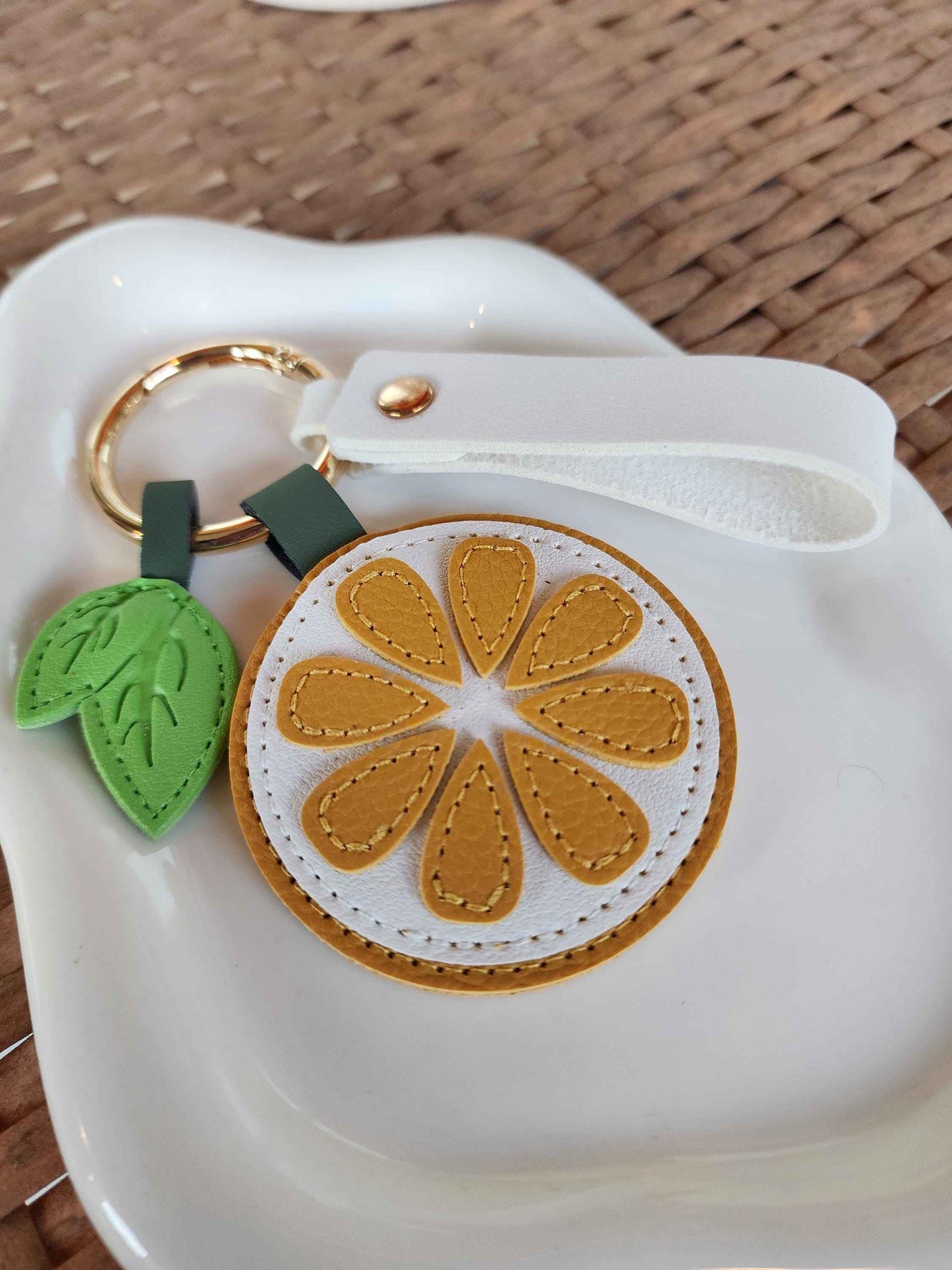 Personalized Orange Slice Keychain: Faux Leather Citrus Bag Charm