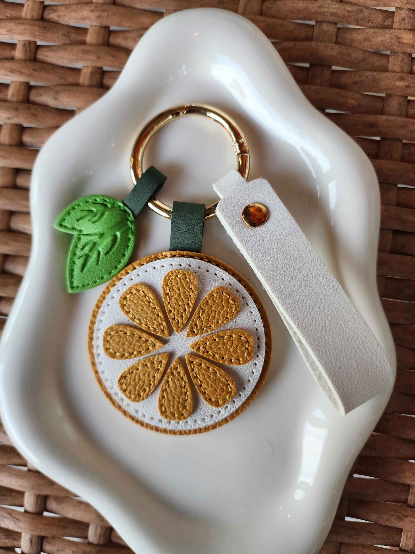 Personalized Orange Slice Keychain: Faux Leather Citrus Bag Charm