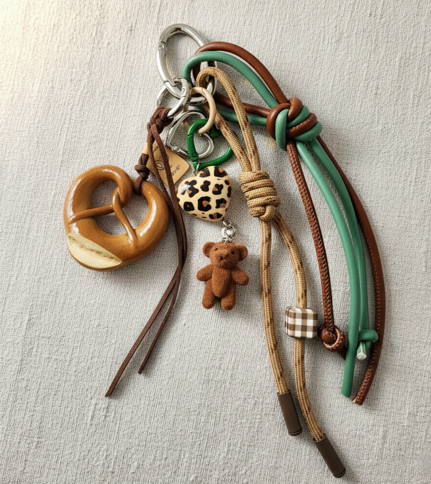The "Snack Break" Eclectic Bag Charm – Pretzel, Bear & Heart